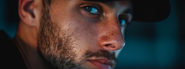 Wall Mural -  A man in a baseball cap, face illuminated by a nearby blue light in a close-up shot