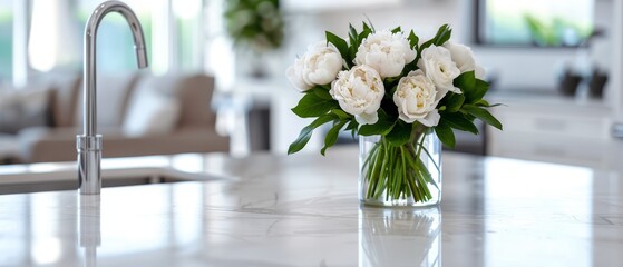 Sticker -  A vase, brimming with white flowers, sits atop a pristine white countertop near a kitchen faucet