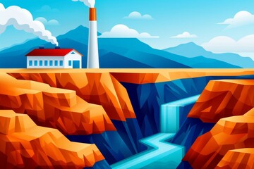 Wall Mural - factory emissions polluting river in mountainous landscape - environmental impact concept.