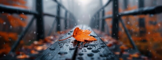 Sticker -  A leaf atop a rain-soaked wooden bench in a forest, surrounded by numerous orange autumn leaves