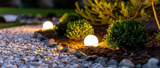 Poster -  A collection of lights situated on rocks amidst the grass, with bushes also illuminated, and additional lights gracefully placed on the ground