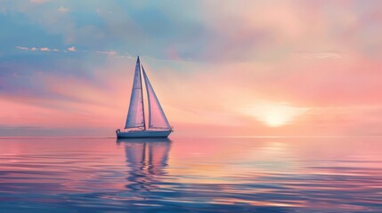 Sticker - Capture the essence of tranquility during sunset, with a lone sailboat drifting across the horizon under a pastel-colored sky.