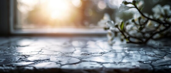 Sticker -  A tight shot of a table displaying a vase filled with flowers, situated before a sunlit window Sun rays streaming in through the glass