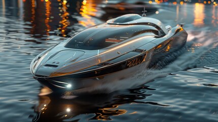 Wall Mural - capture the futuristic design of a ship with sleek, aerodynamic hulls that slice through the water e