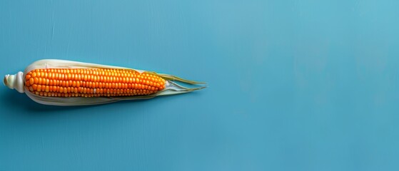 Wall Mural -  A corn cob against a blue backdrop, kernels remaining attached