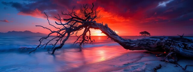 Wall Mural -  The sun sets over the ocean, with a tree silhouetted in the foreground and a sandy beach beneath