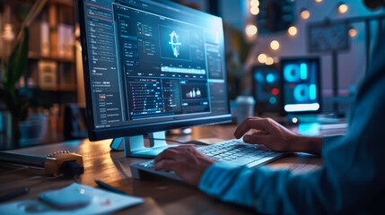 Wall Mural - An office worker types on a computer in a modern office. Concept of office work, technology.