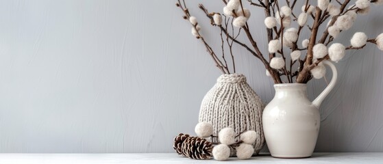 Poster -  A white vase, empty, sits next to another, filled with cotton balls, atop a table; a pine cone crowns it