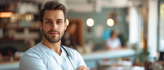 Sticker -  A man in a white shirt stands with crossed arms, conveying a serious expression as he gazes into the camera