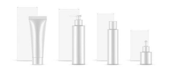 Wall Mural - Cosmetic Products Set. Plastic Containers With Packaging Boxes, Isolated On White Background. Vector Illustration