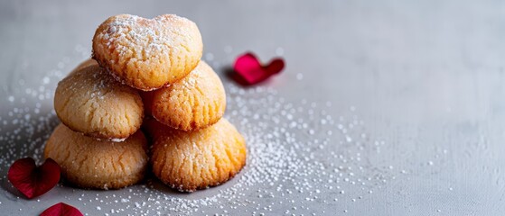 Canvas Print -  A stack of small pastries aligned on a silver surface Nearby, a red rose sits separately