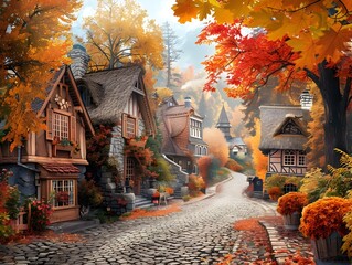 Wall Mural - Charming Autumn Village with Cobblestone Streets  Quaint Houses  and Trees Ablaze with Fall Colors