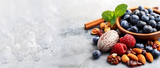 Poster -  A table displays a bowl filled with blueberries, raspberries, and almonds, arranged together