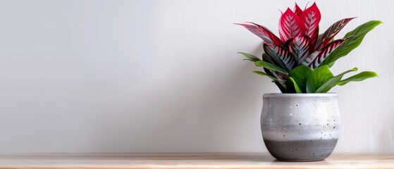 Poster -  A potted plant atop a wooden table, near a blank white wall