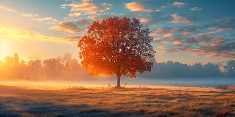 Wall Mural - tranquil autumn morning in a misty meadow with colorful trees and golden sunrise light