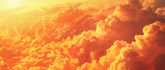 Poster -  The sun illuminates a yellow and orange sky, dotted with clouds, as a solitary plane passes through