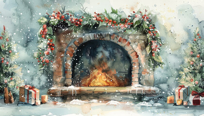 Wall Mural - A fireplace with a red mantle and a wreath of greenery