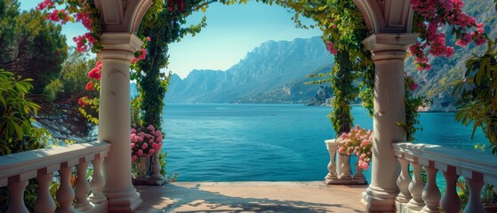 Wall Mural -  A scenic view of a body of water with a mountain range in the backdrop and pink flowers in the foreground