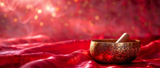 Sticker -  Two red cloths, one bearing a golden singing bowl, the other against a red background, alongside a third red cloth featuring a golden singing bowl