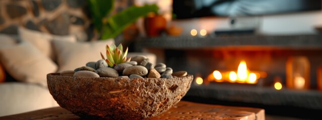 Wall Mural -  A tight shot of a table-top displaying a bowl filled with rocks, nearby is a fireplace with a burning fire