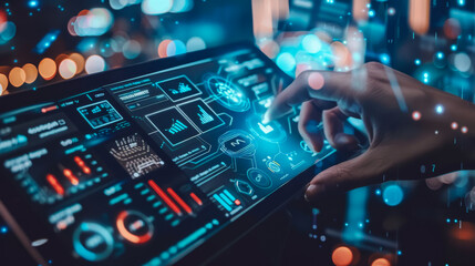 Wall Mural - Close-up of a man working on a modern digital tablet with a virtual interface against the backdrop of a dark office. Technology concept.