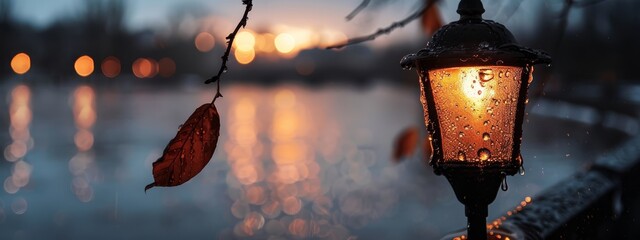 Canvas Print -  A lantern suspended from a tree mirrors in the still water, its light reflected in the background