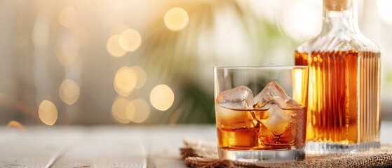 Wall Mural -  A bottle of alcohol and a glass with ice on a wooden table