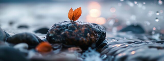 Sticker -  A lone orange leaf atop a rock in a streaming body of water, background softly blurred