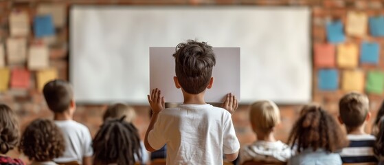 Wall Mural -  A young boy stands before a classroom of children, all eyes fixed on the projector screen behind him