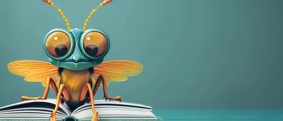 Wall Mural -  A tight shot of a book with a bug perched on its cover Another book lies in front