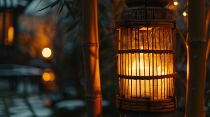 Canvas Print - A Close-up Shot of a Lit Candle in a Bamboo Lantern