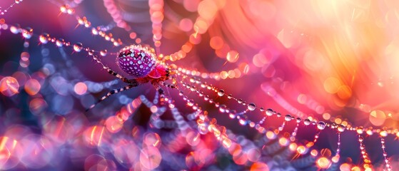 Wall Mural -  A tight shot of a spider on a thread, its back dotted with water beads, surrounded by a blurred background