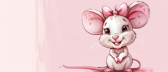 Wall Mural -  A white mouse wearing a pink bow on its head sits against a pink backdrop, on a pink surface