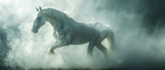 Wall Mural -  A white horse gallops through a foggy field, turning its head to gaze back over its shoulder as it runs