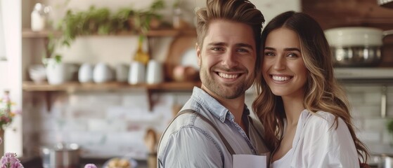 Wall Mural -  A man and a woman stand side by side at a kitchen counter, surrounded by pots and pans