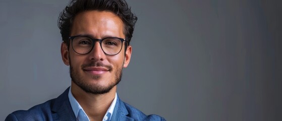 Poster -  A tight shot of an individual in a blue blazer, white shirt, and glasses against a gray backdrop