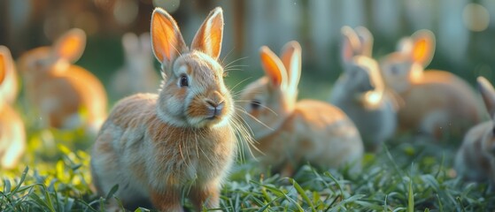 Wall Mural -  A cluster of rabbits atop a verdant, grass-covered field facing a white picket fence