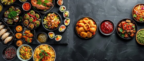 Sticker -  A black table is topped with bowls holding various foods Each bowl contains a distinct type