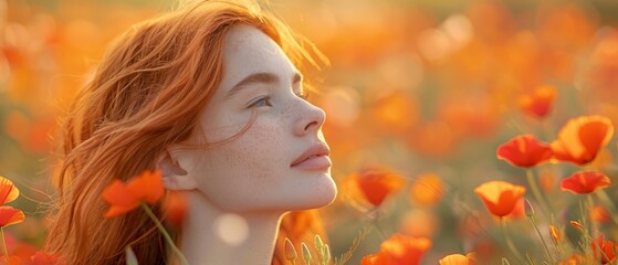 Sticker -  A woman with long red hair stands amidst a blooming flower field, eyes shut, as wind gently caresses and tousles her hair