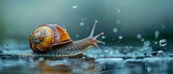 Wall Mural -  A tight shot of a snail atop a water surface, surrounded by droplets cascading onto the backdrop behind