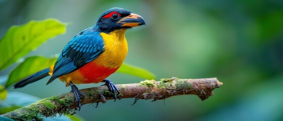 Wall Mural -  A vibrant bird perched on a tree branch against a backdrop of green, foliage-dense background