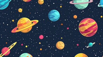 Colorful cartoon planets and stars seamless pattern on dark blue background