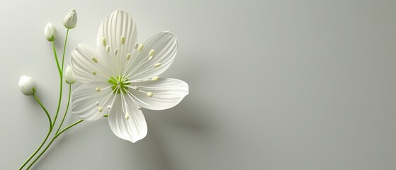  A tight shot of a pristine white flower against a pristine white backdrop, its stem extending as a lone green element at its base