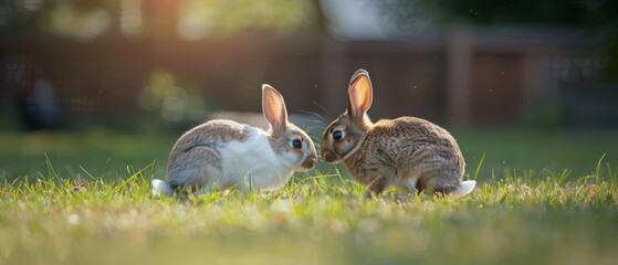 Wall Mural -  Two rabbits atop a lush, green grass field One is a small white rabbit