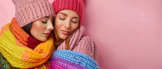 Wall Mural -  Two women don hats and scarves knitted; one closes her eyes, the other gazes ahead