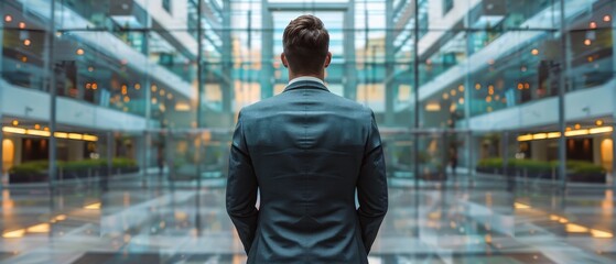 Wall Mural -  A man in a suit stands before a modern glass building, its facade adorned with numerous windows and shining lights on both sides