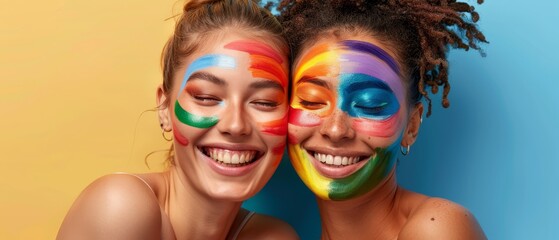 Wall Mural -  Two young women with faces adorned in US flag colors