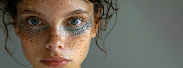 Wall Mural -  A woman with freckled hair and blue eyes has faint freckles on her face and distinct ones around her eyes