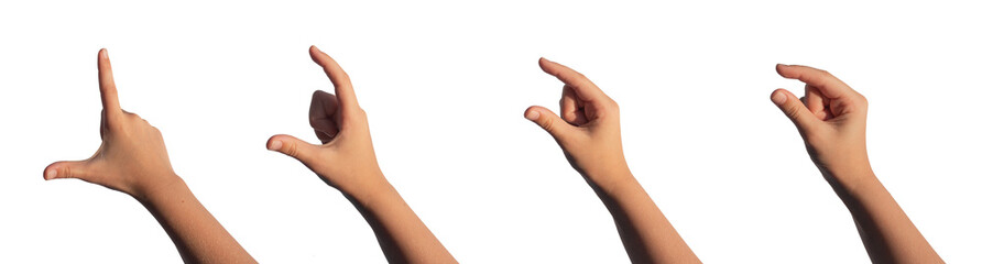 kids childs hand gestures showing size from big to small. holding something invisible, isolated on w