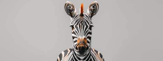 Wall Mural -  A tight shot of a zebra's face against a gray backdrop, overlaid with a black-and-white stripe